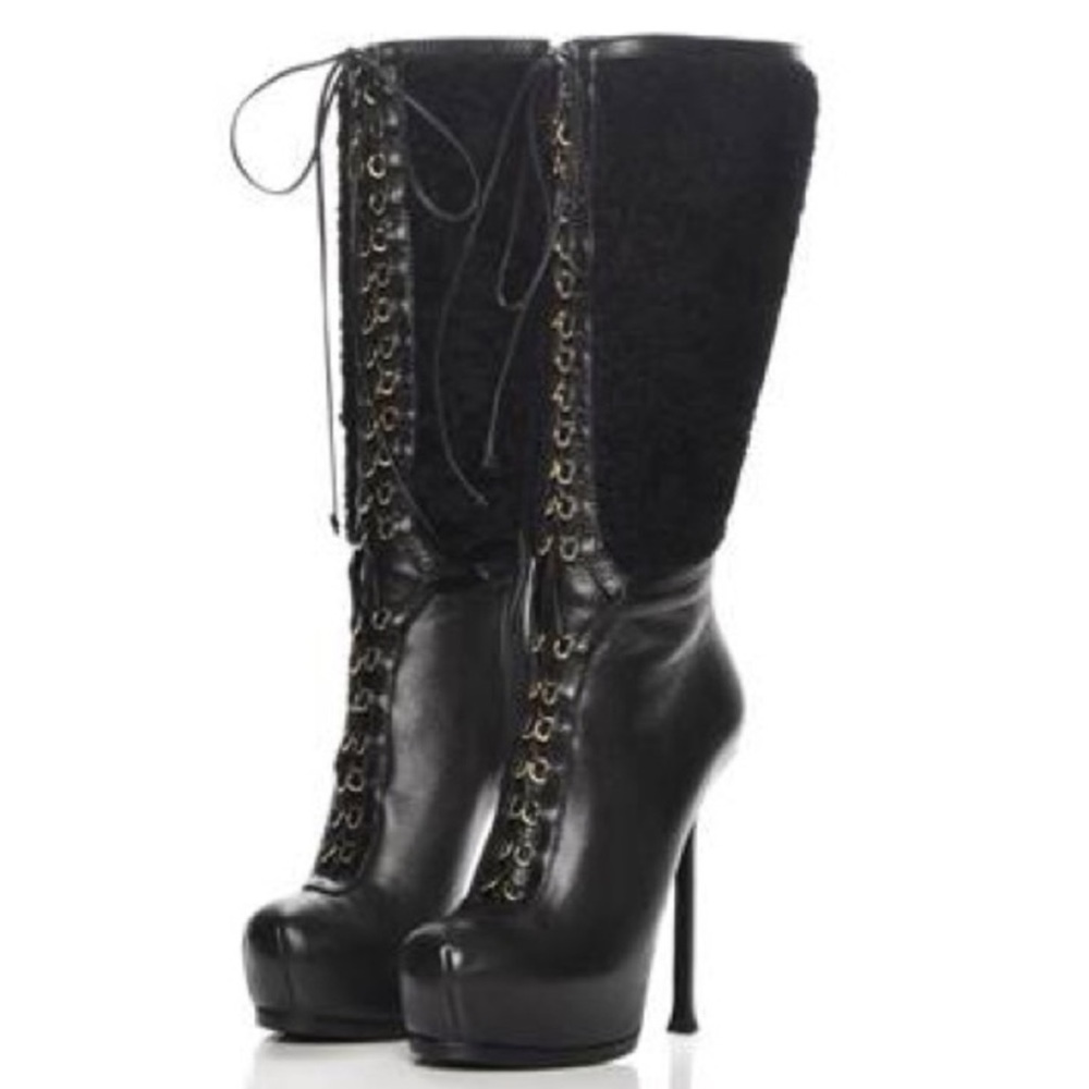 YSL Black Tribtoo Shearling knee boot